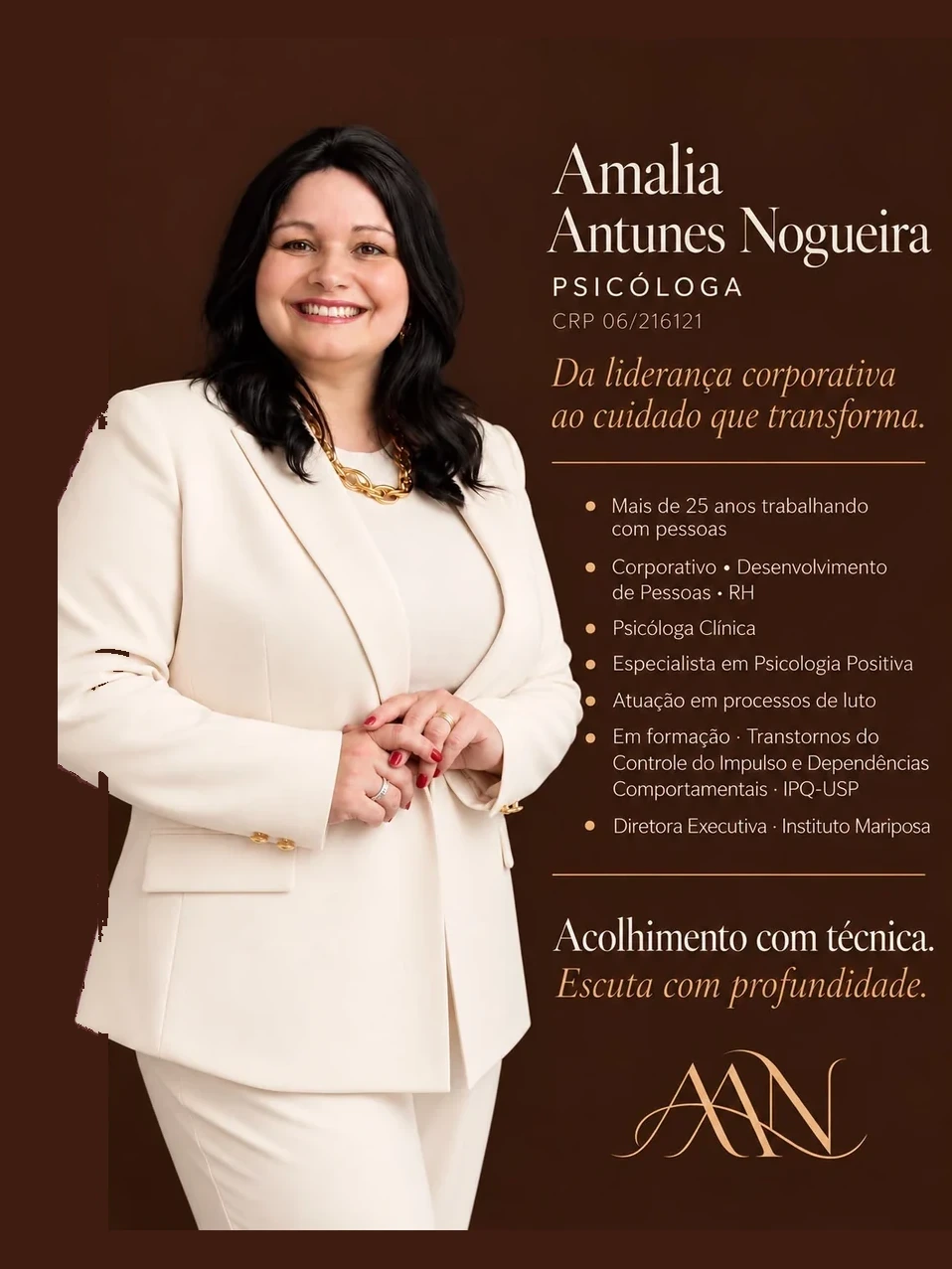 Amalia Antunes Nogueira, psicóloga clínica, da liderança corporativa ao cuidado que transforma